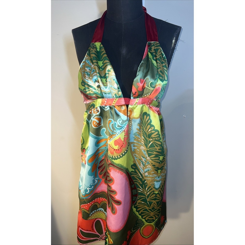 Wet Seal Tropical Halter Sundress Satiny Large Barbeque Cocktail Vacation Resort